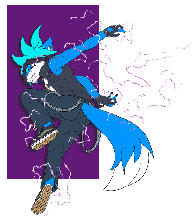 image of an angry anthro blue fox in punk attire, leaping through the air with sparks trailing behind him.