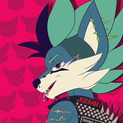 A cropped image of my blue punk fox, Lightning. His hair is up in a very spiked mohawk, and he is in profile, facing to the left. He has a very smug expression and his tongue is sticking out. There are piercings all over his face.