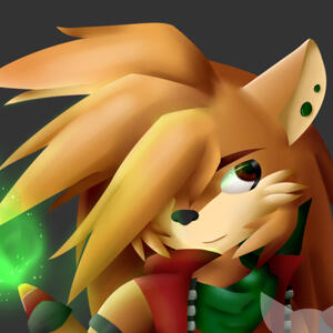 A cropped image of my orange hedgehog character, Elias, limited to show only his face and a small portion of the green flame in his hands.